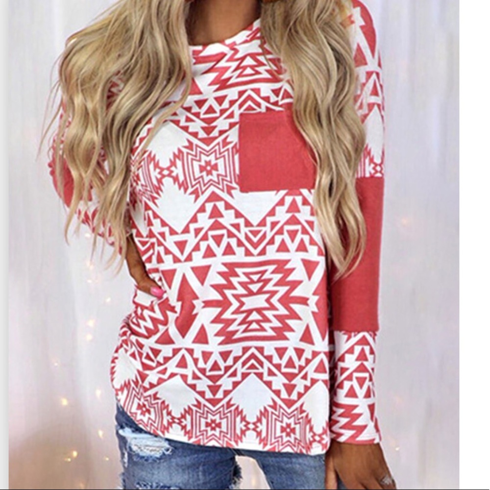 1 Left! Deep Coral Aztec Print Long Sleeve Top w/Pocket * - Picture 3 of 4